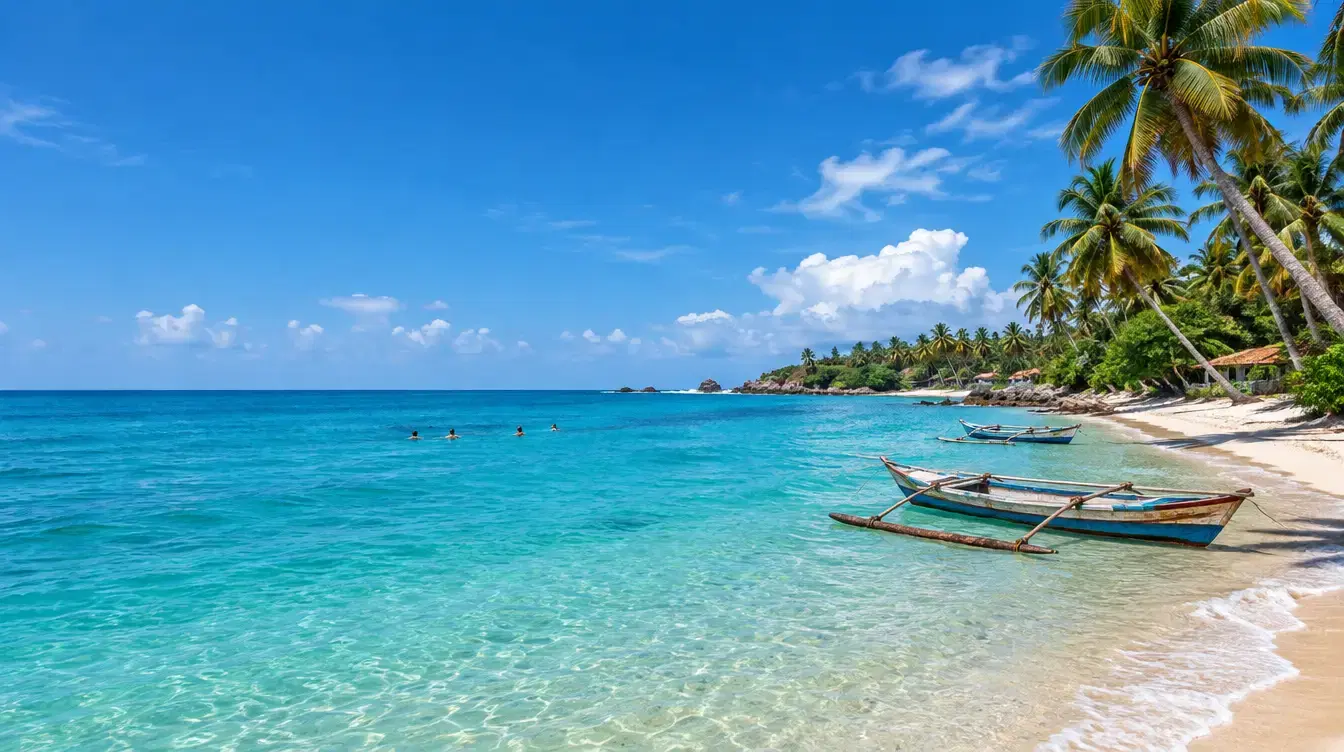 Illustration: a turquoise south-coast bay with palms and outrigger boats on a sunny day