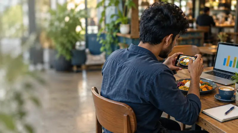 A social media manager photographing a plate of rice and curry for the cafe's online page, with a laptop showing a chart