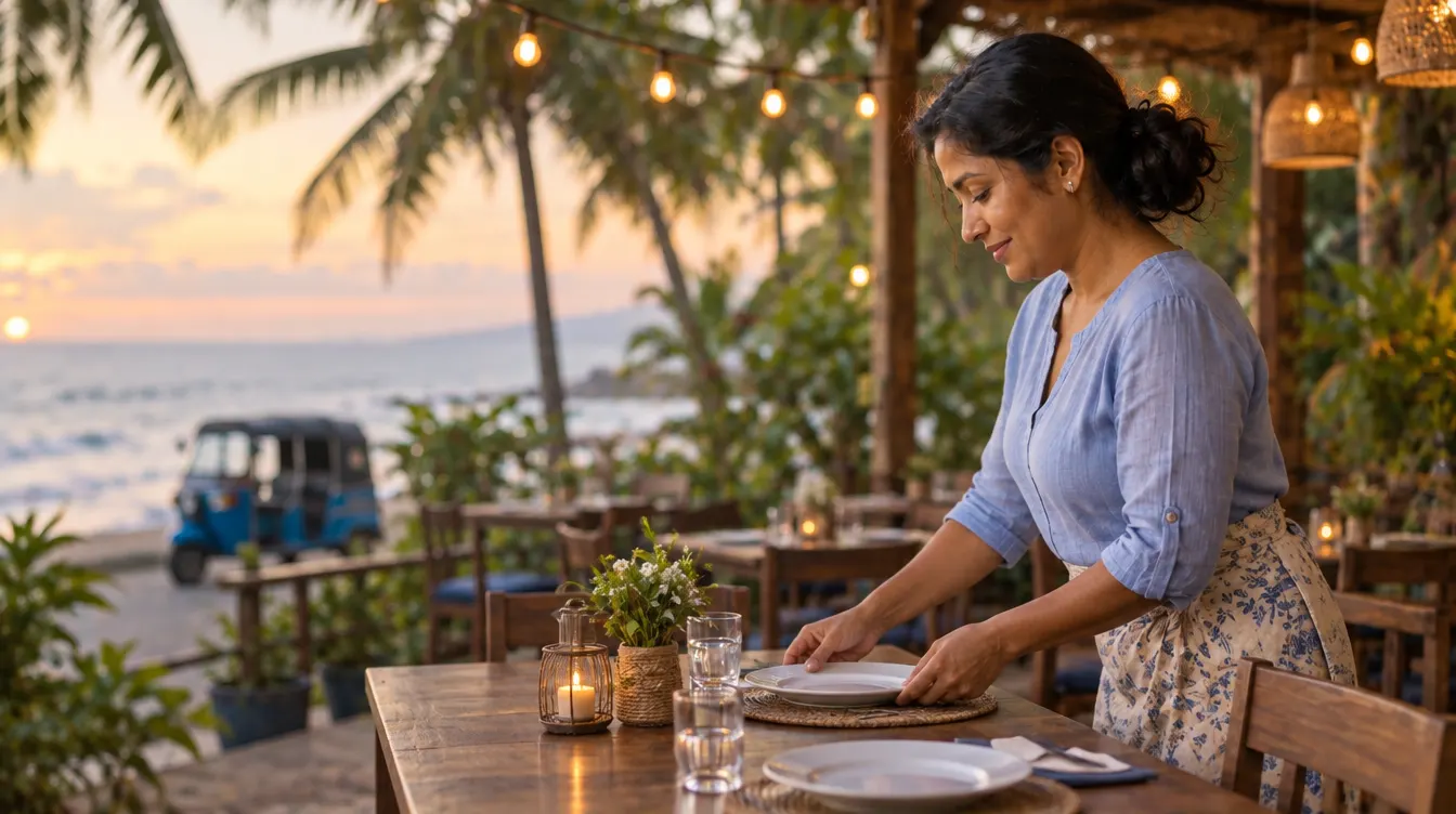 A cafe owner setting a table on a beachfront terrace at dusk, ready for the busy season