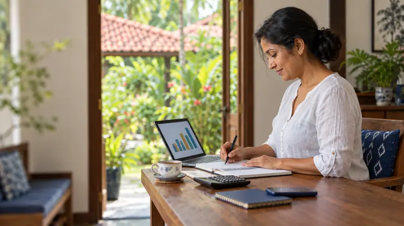 A guesthouse owner on her verandah checking monthly money figures in a ledger, with a calculator and a bar chart on her laptop