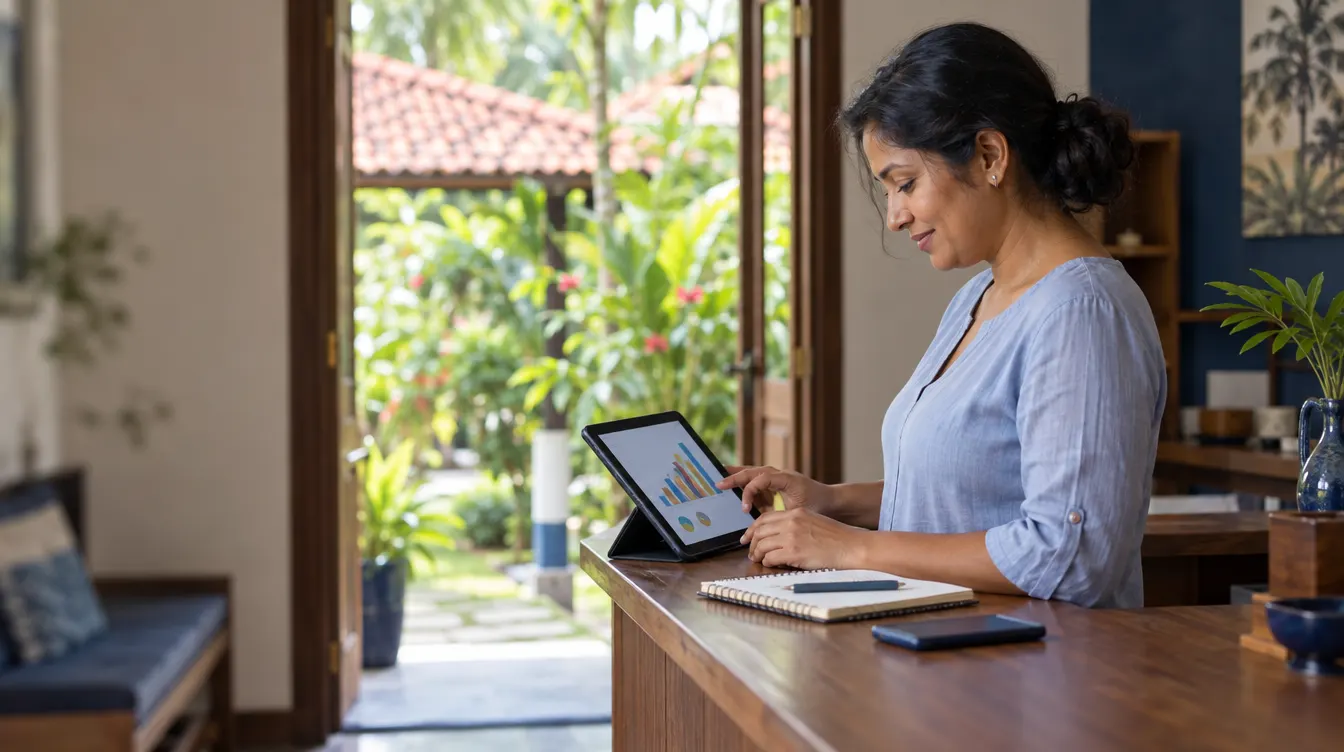 A guesthouse owner at her reception desk checking tourist numbers on a tablet