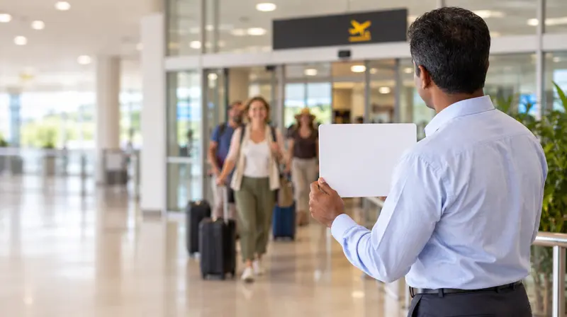 A tour driver holding a blank name board in the airport arrivals hall as tourists walk out