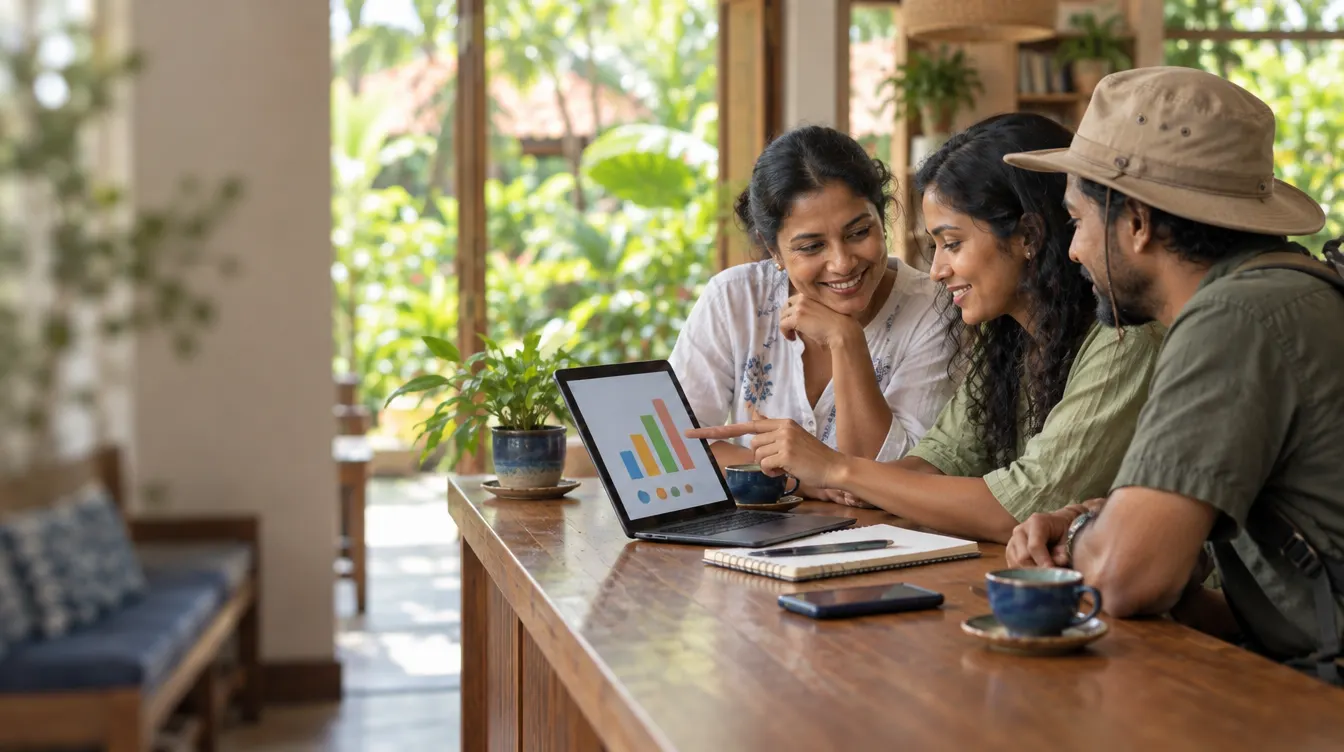 A guesthouse owner, a social media manager and a tour guide looking at a chart together